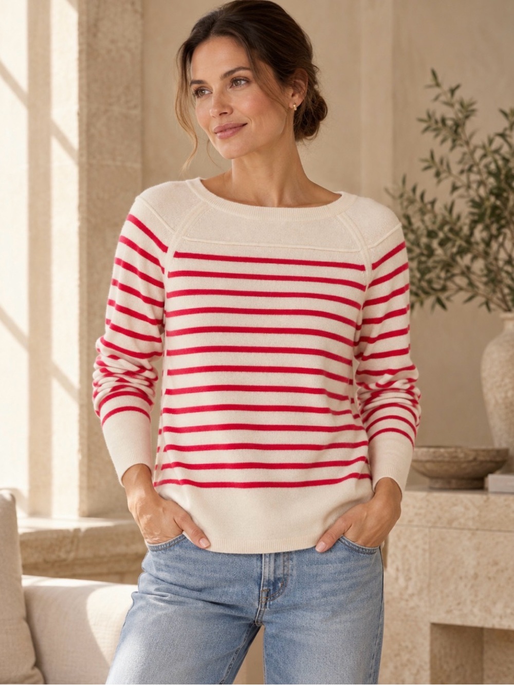 Vineyard Vines Wool Cashmere Striped Sweater Ivory Raspberry Pink Size Small
